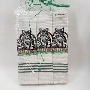Set Of 3 Kitchen Towels Embroidered Cat And Kitten New White Geschirrtucher